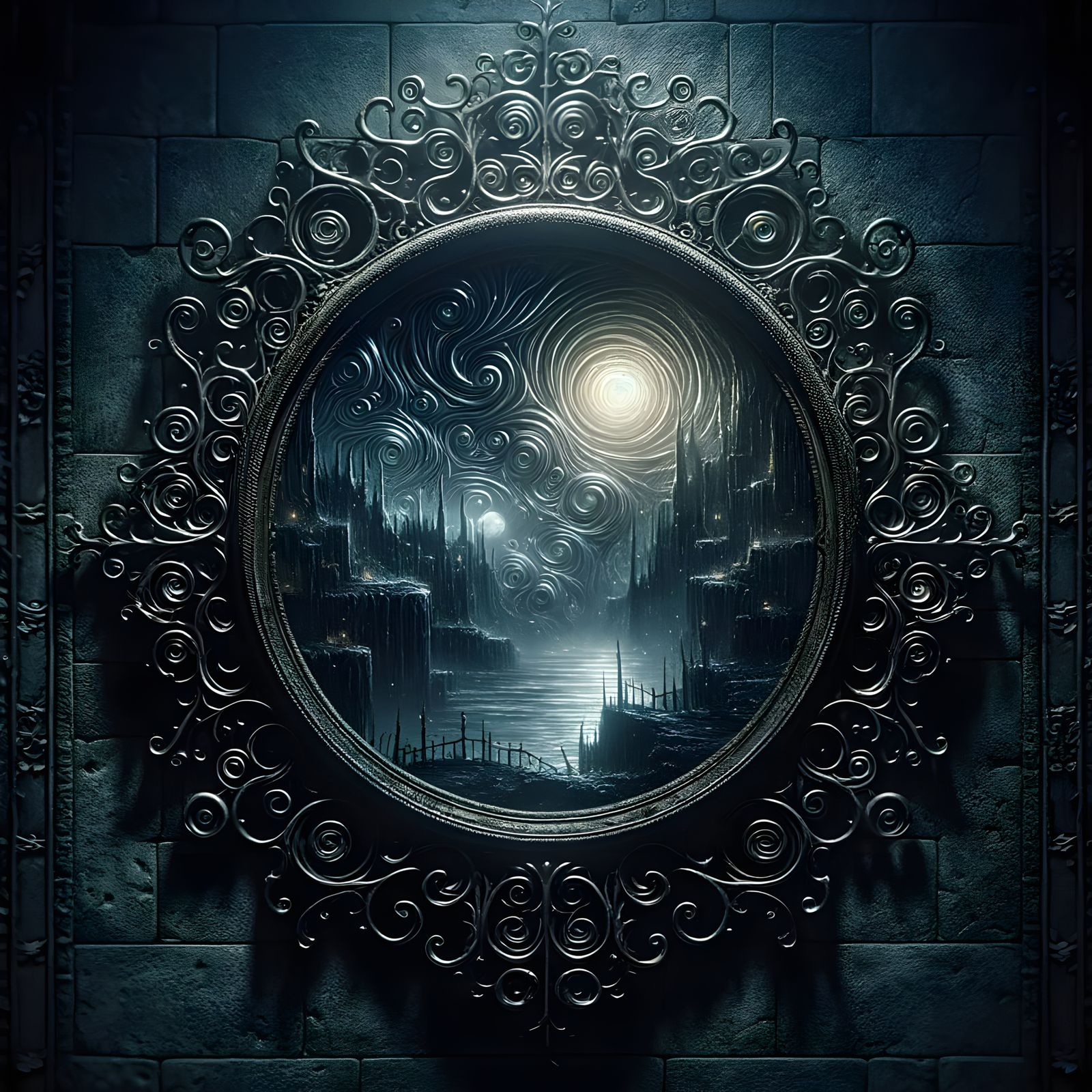 Sinister Mirror Reflects Moonlit Dreamscape