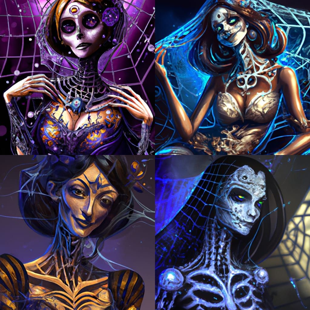 Elegant Skeleton Lady in Spiderweb Dress, Detailed Portrait