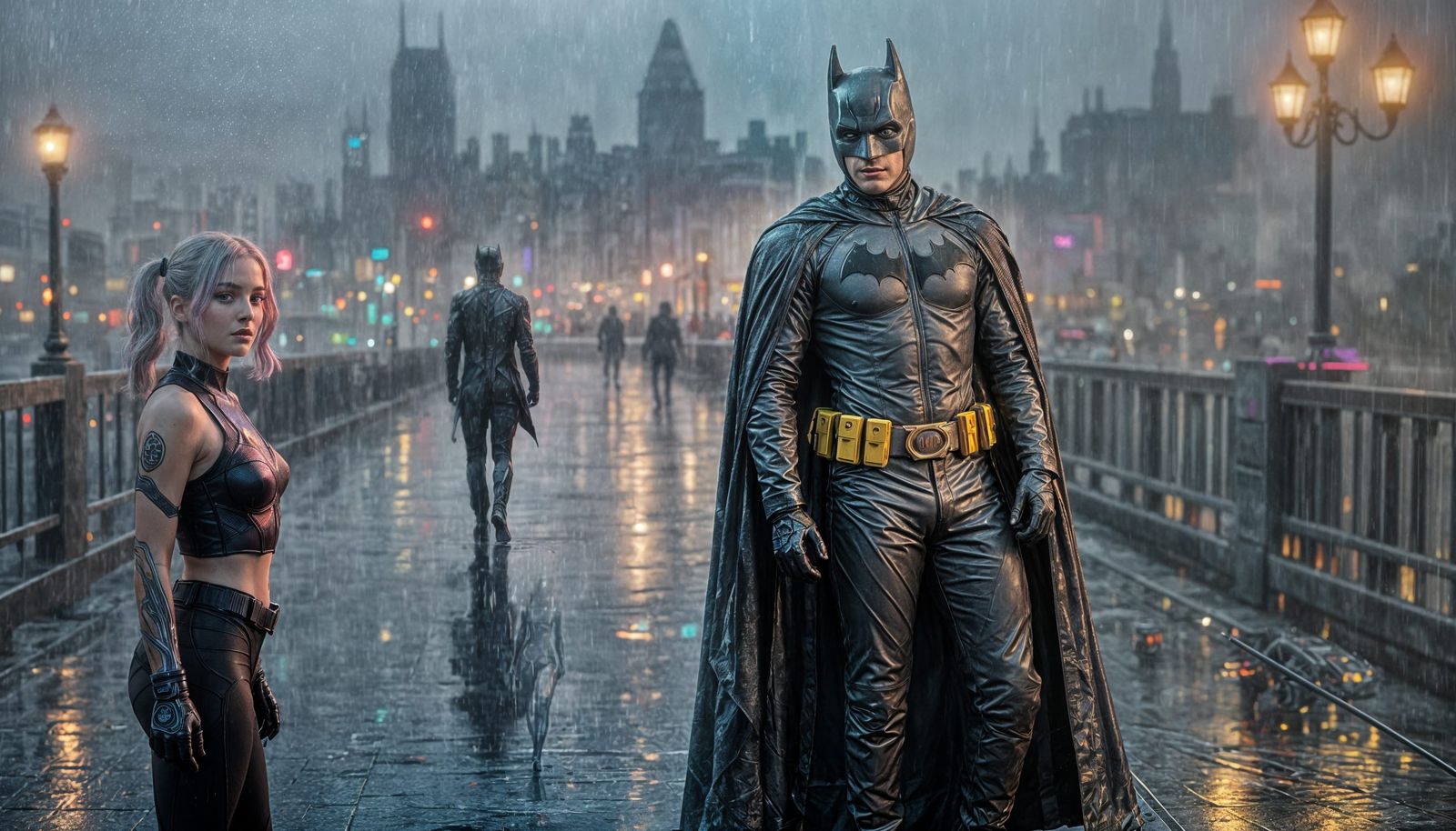 Batman Confronts Joker in Impressionist Gotham Scene