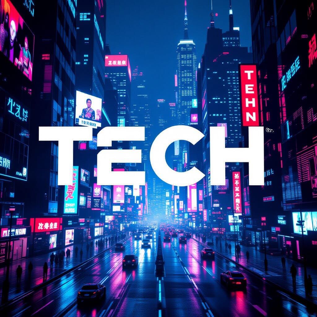 Futuristic Neon Cityscape with Prominent TECH Text