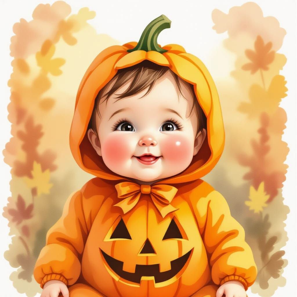 Baby in Pumpkin Costume, Watercolor Art