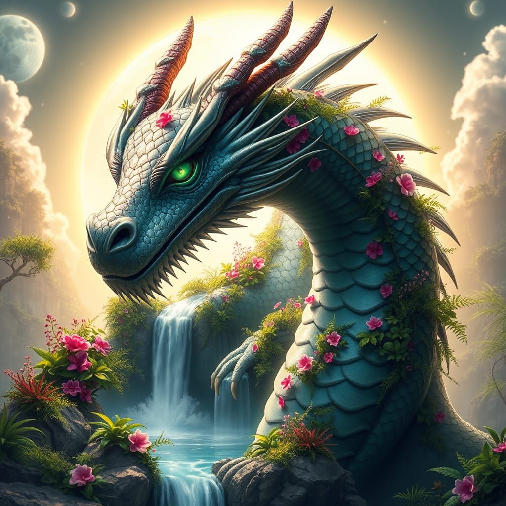 Ethereal Dragon Guardians a Lush Waterfall Glade in Moonlit ...