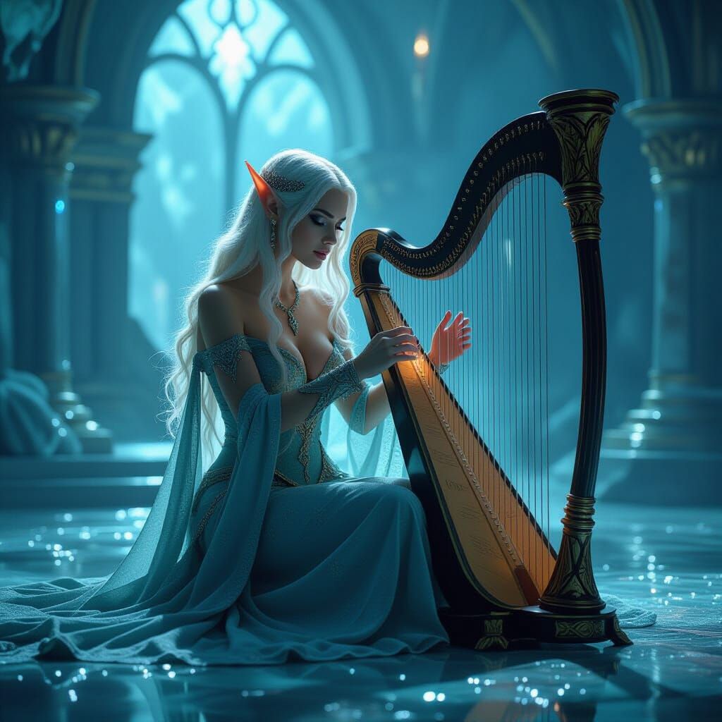 Elf Sorceress Plays Harp in Crystal Palace