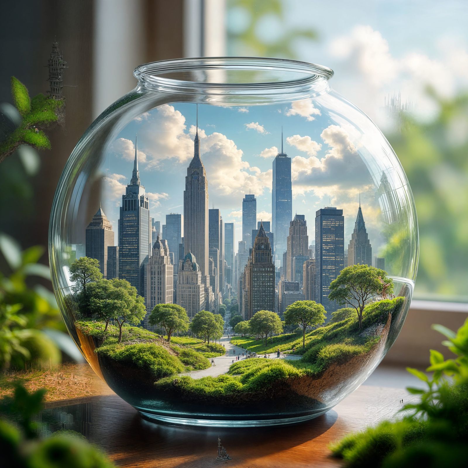 Miniature City Inside Glass Terrarium