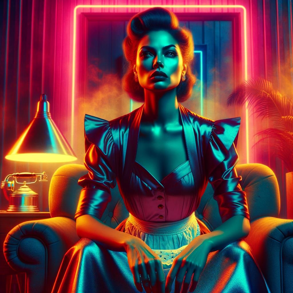 Unhappy Housewife in Retro Neon Aesthetic