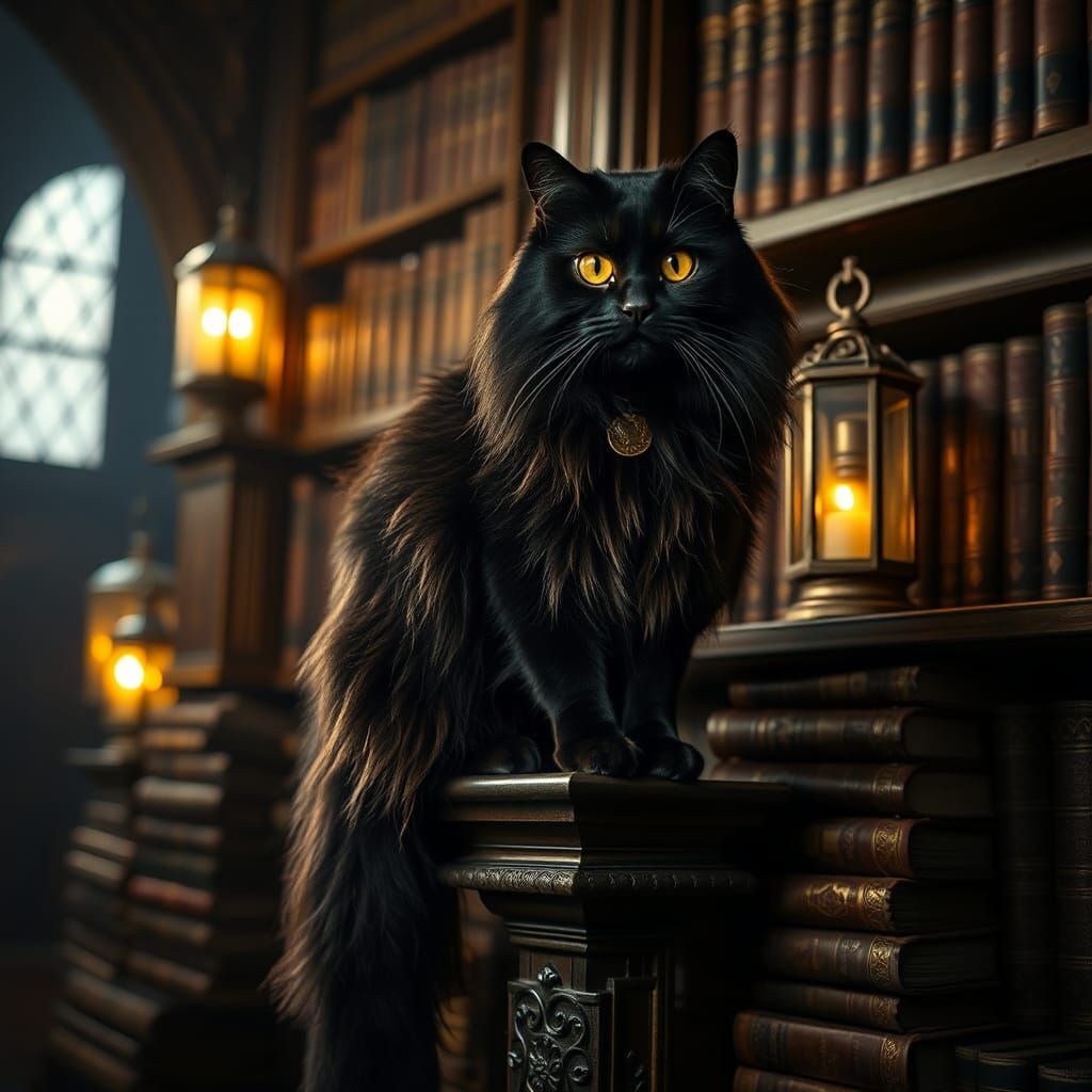 Black Long hair Mainecoon cat with bright luminous yellow ey...