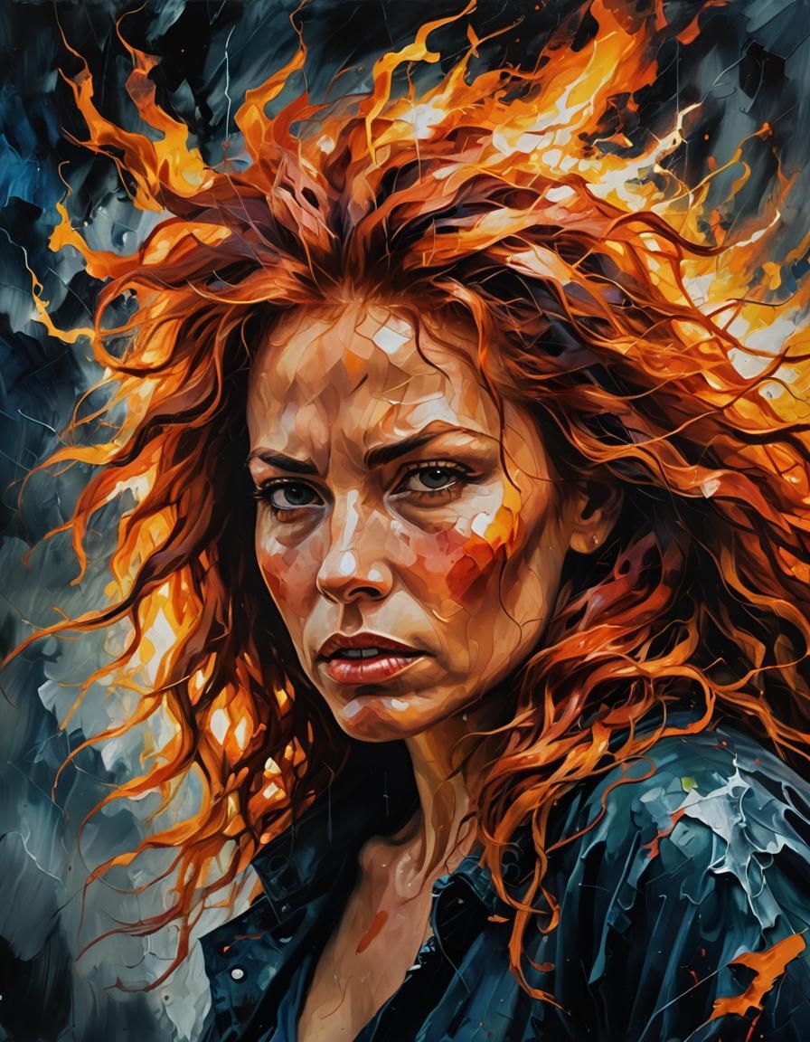 Abstract Expressionism: Fiery Woman in Stormy Atmosphere