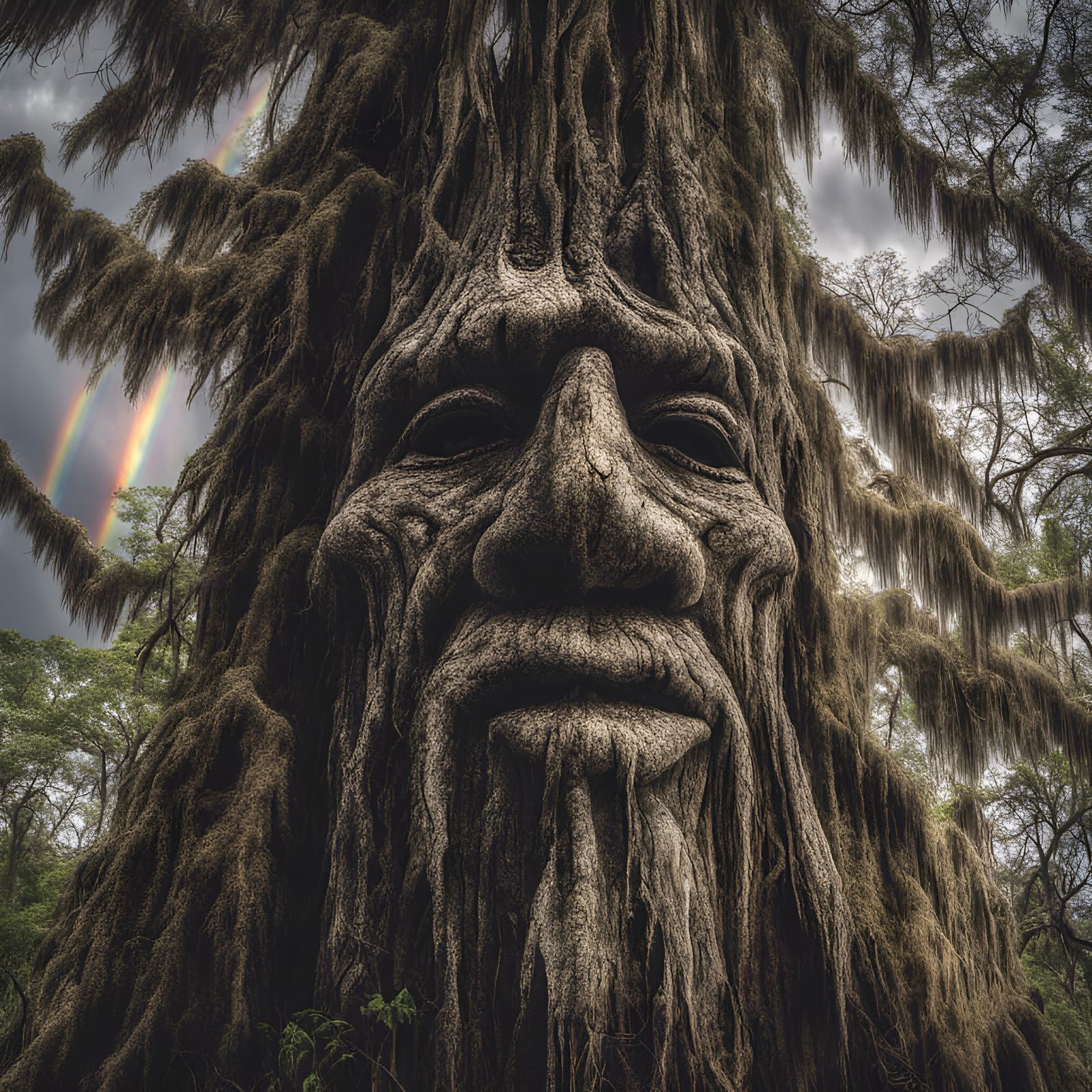 Hyperrealistic Wood Spirit Face in Cypress Tree
