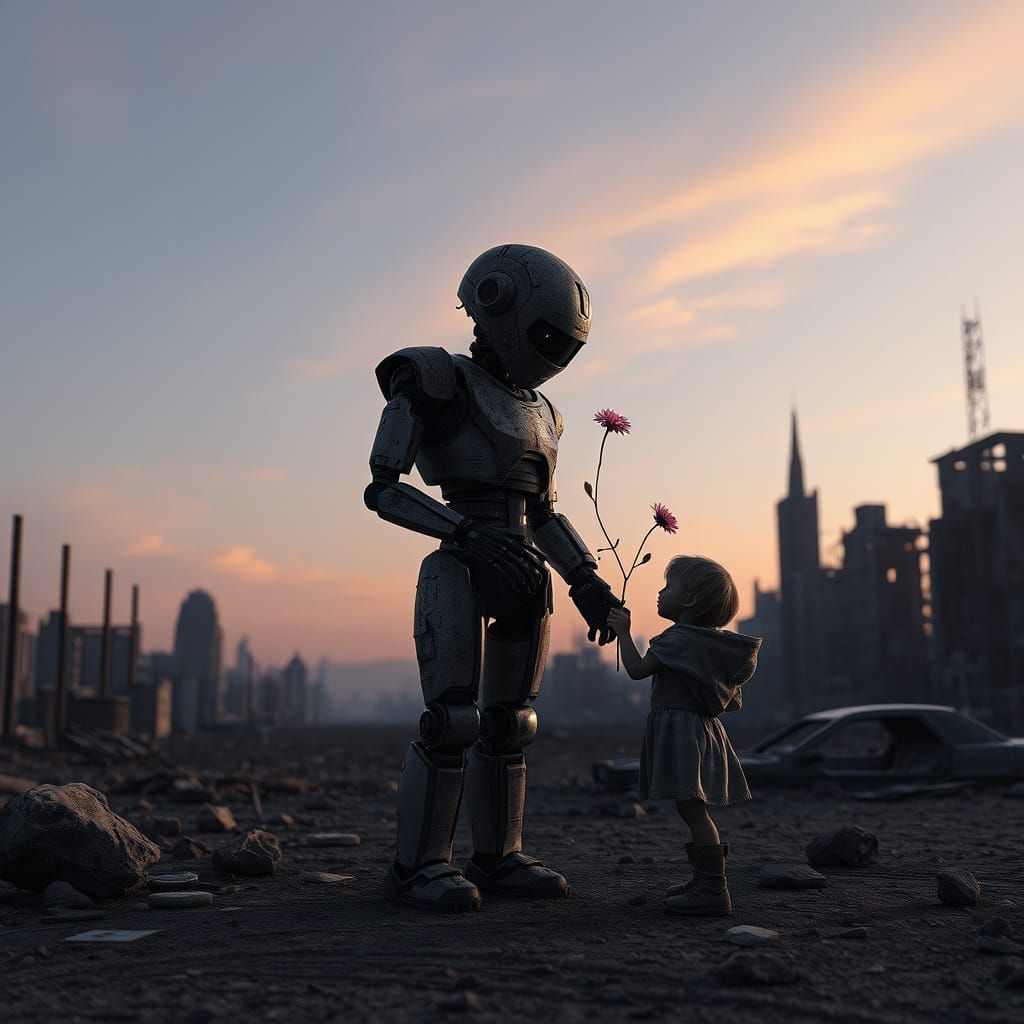 Robot Offers Flower to Child in Dystopian Wasteland