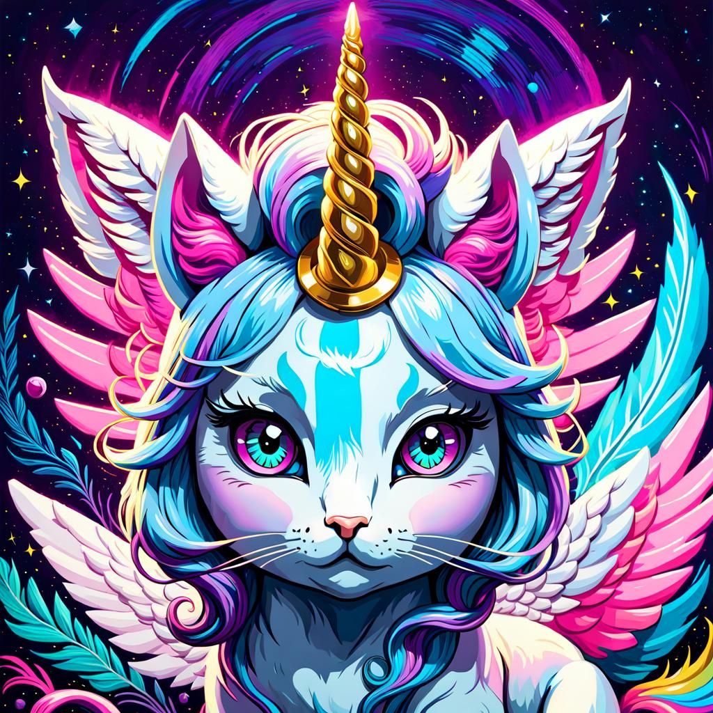 Neon Caticorn Pegasus Hybrid in Impasto Style