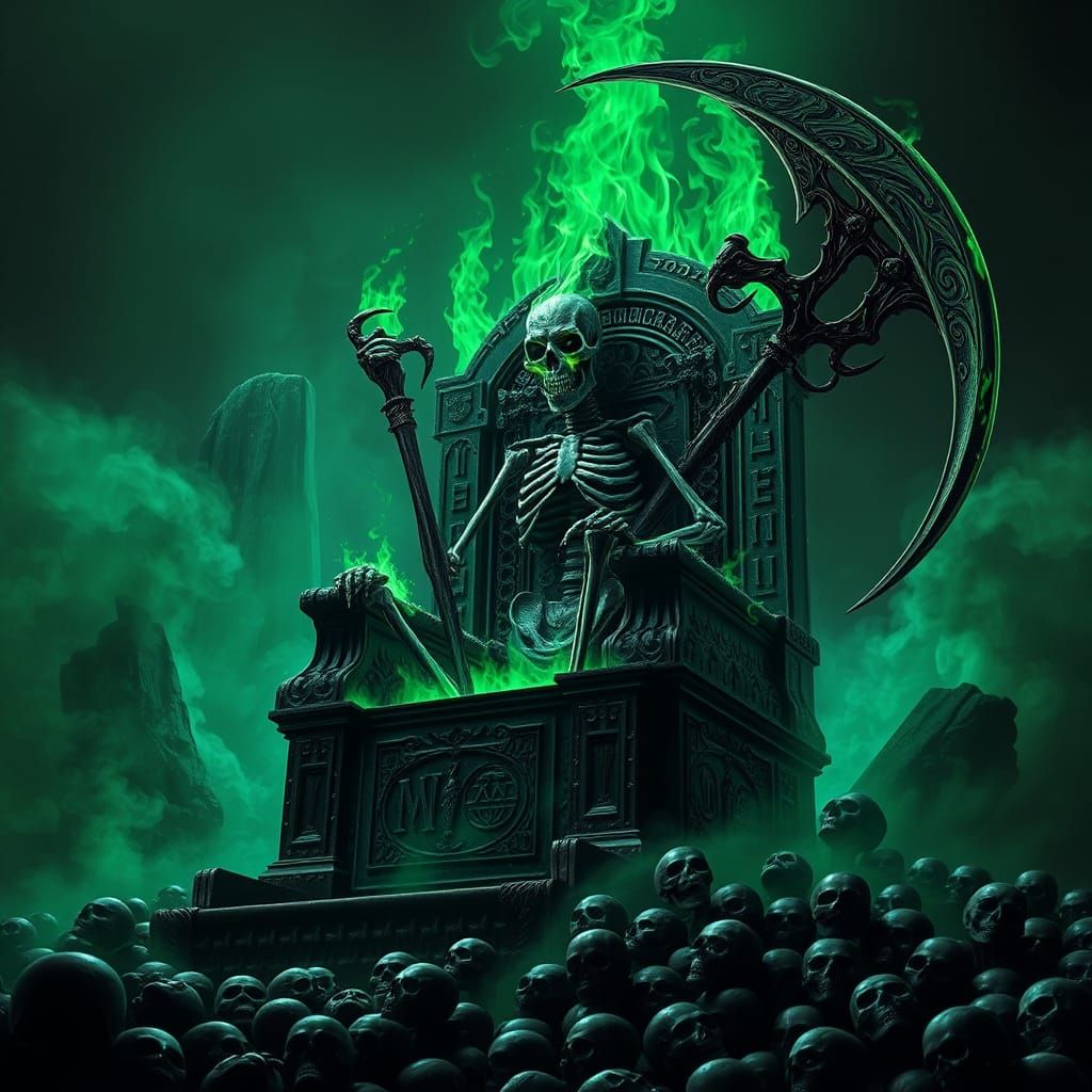 Emerald Skeleton on Obsidian Throne in Gothic Style