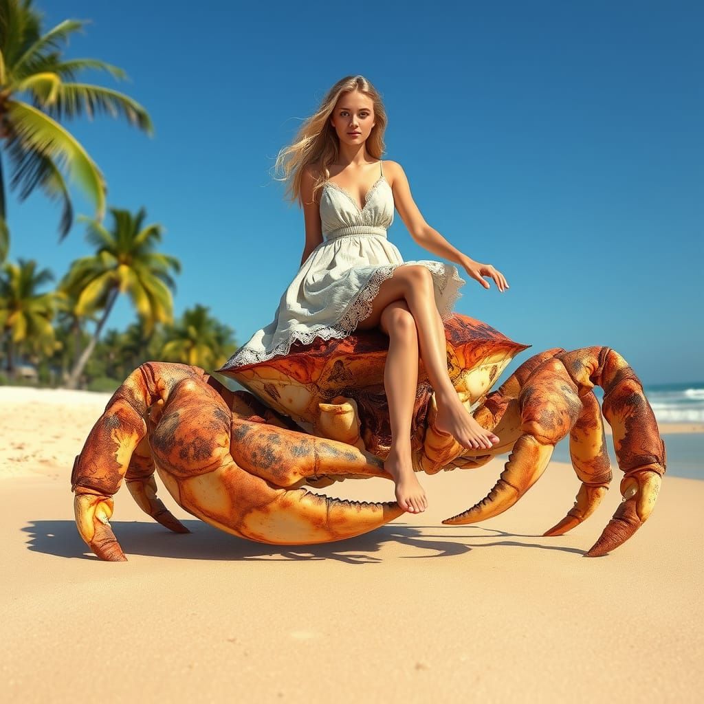 Woman Rides Giant Crab on Tropical Beach