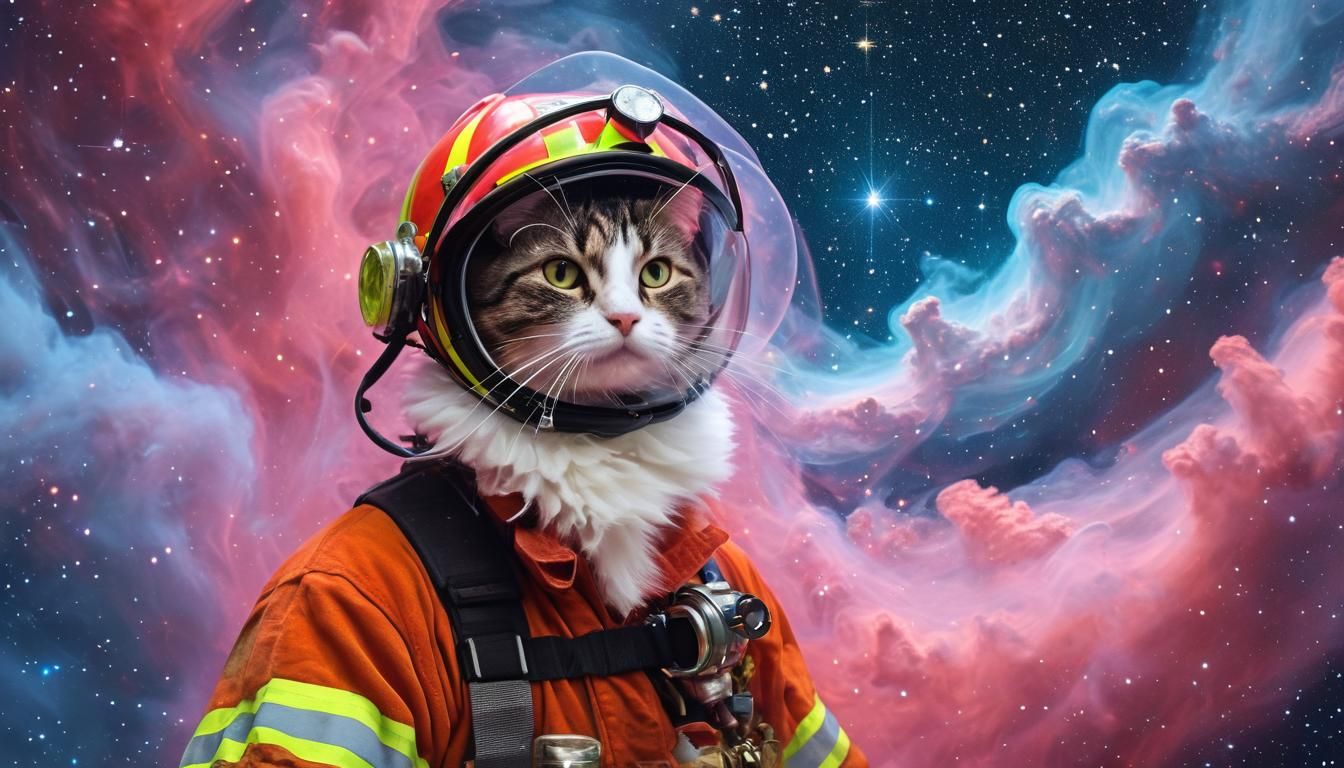 Kitschy Fireman Rescues Cat in Stardust Nebula