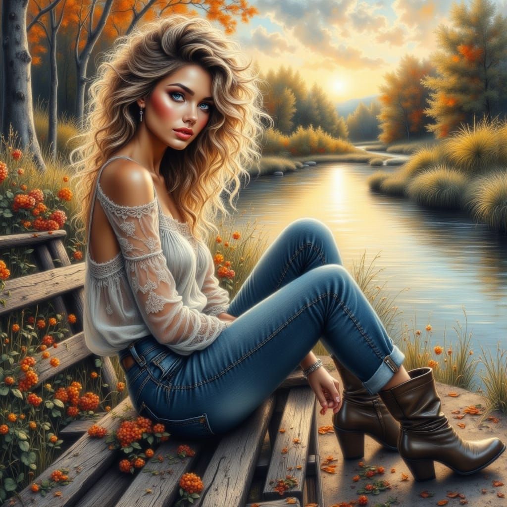 Elegant Woman in Countryside Sunset, Oil Painting Style