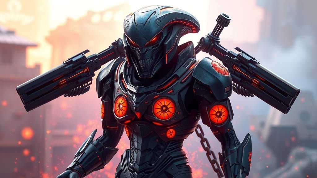 Glowing Alien Warrior in Futuristic Battle Armor