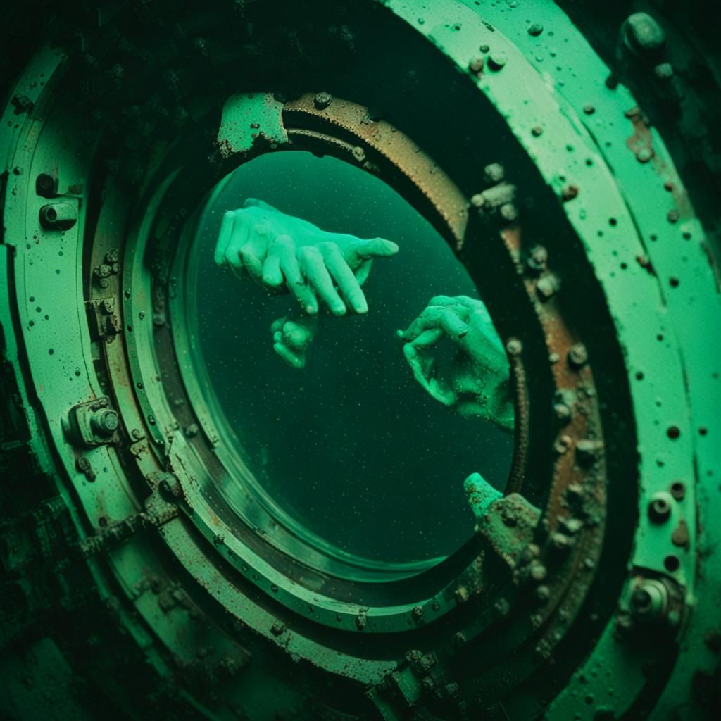Claustrophobic Porthole in 80s Aquatic Horror Style