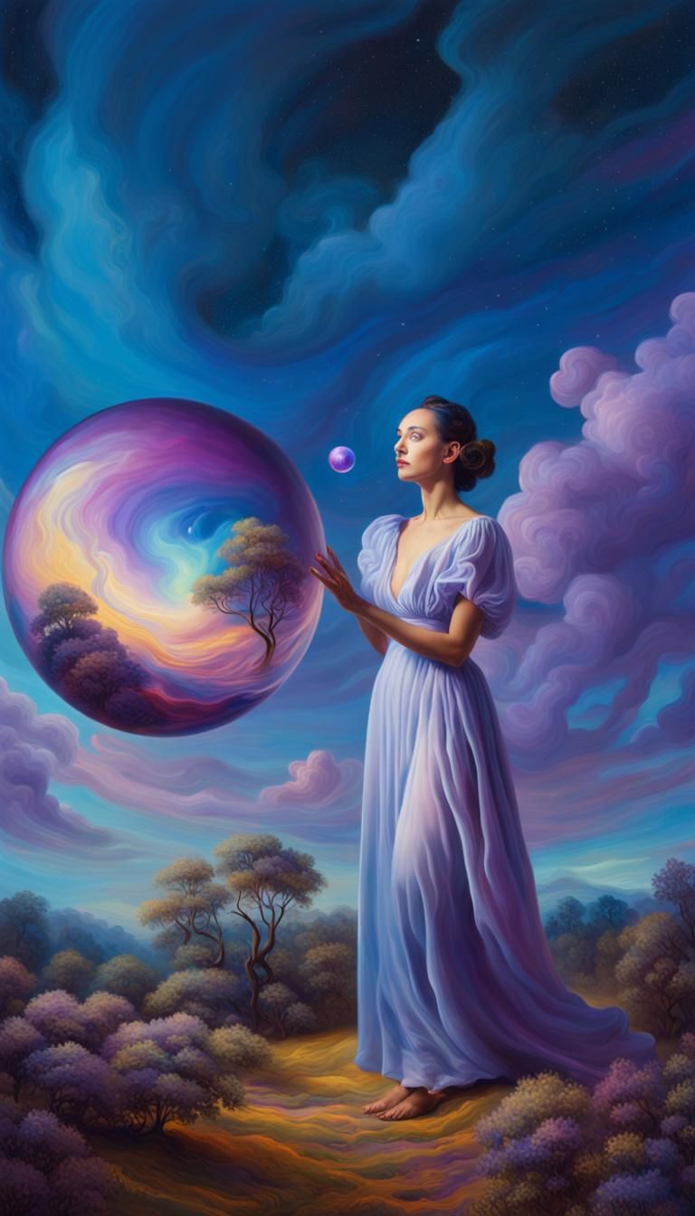 Mystic Woman with Orb in Surrealist Oil Painting