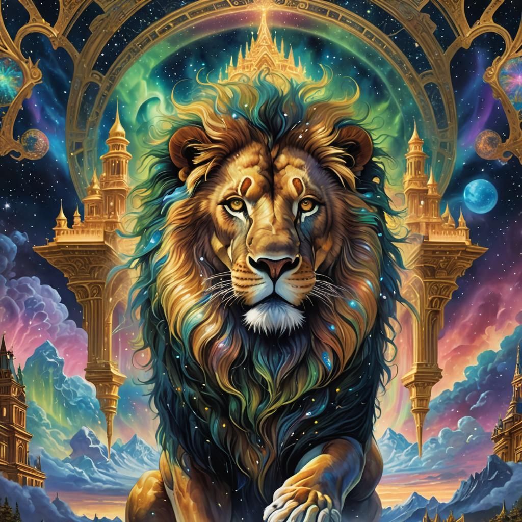 Super solar lion glimmering bliss fire multicolor multidimensional golden timeline split golden age wonderful golden str...