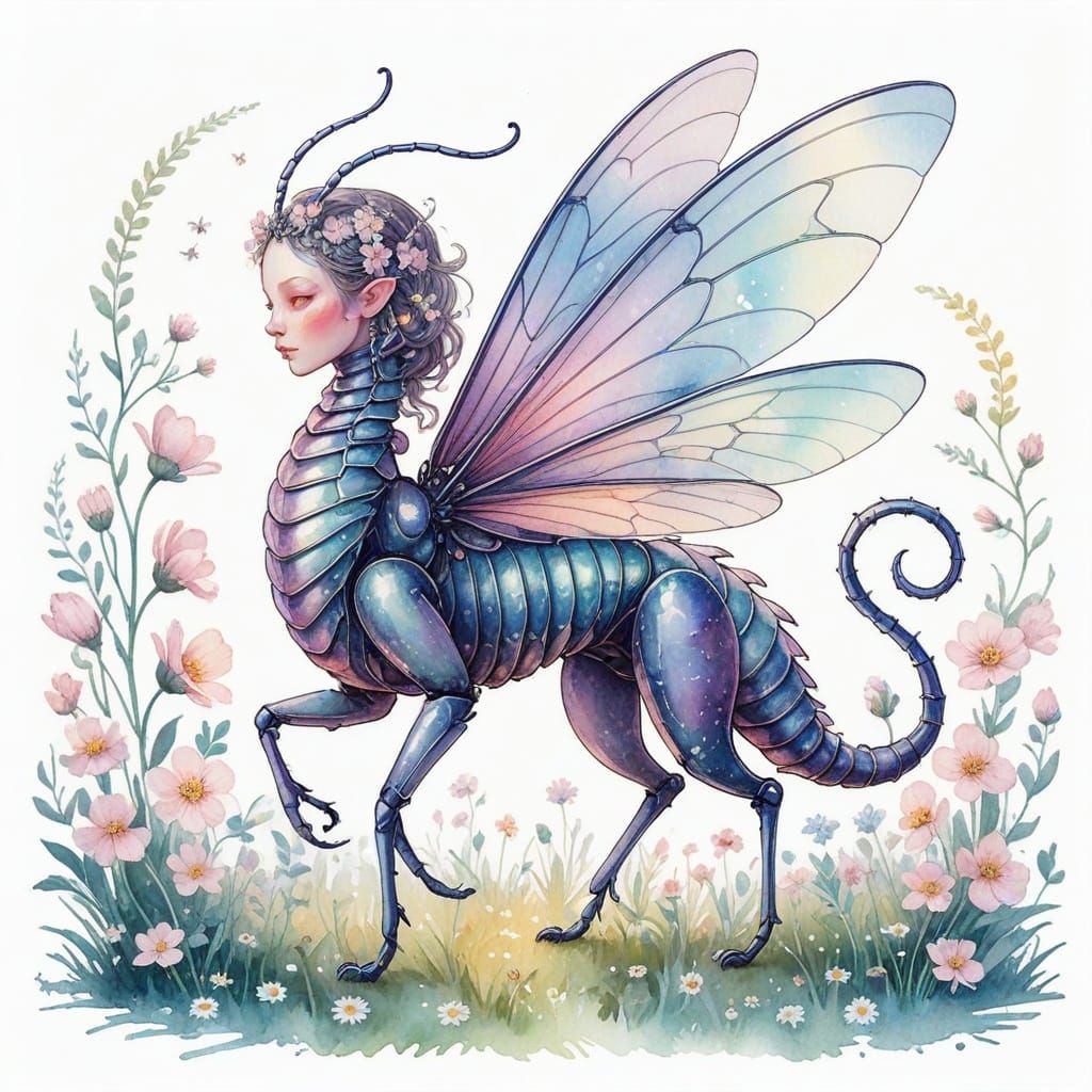 Human Insect Hybrid in Magical Flower Meadow