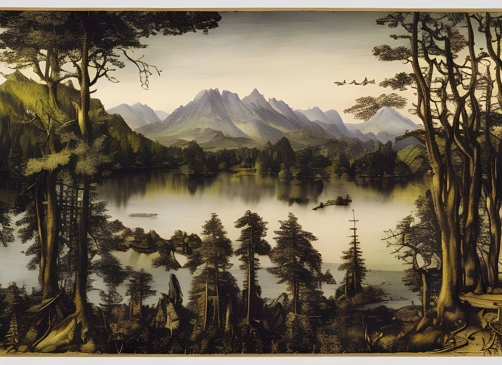 Moonlit Lake Landscape in Watercolor Style