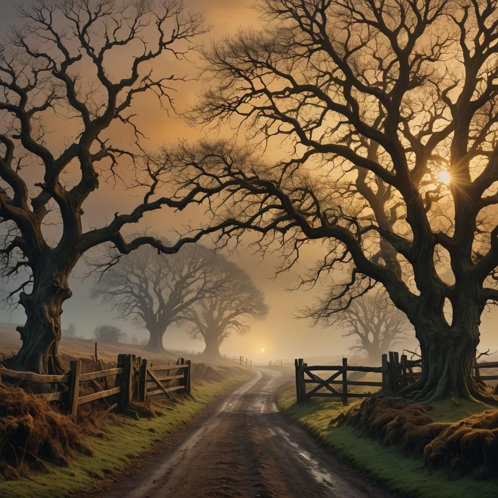 Misty Countryside Path in Fantastical Landscape