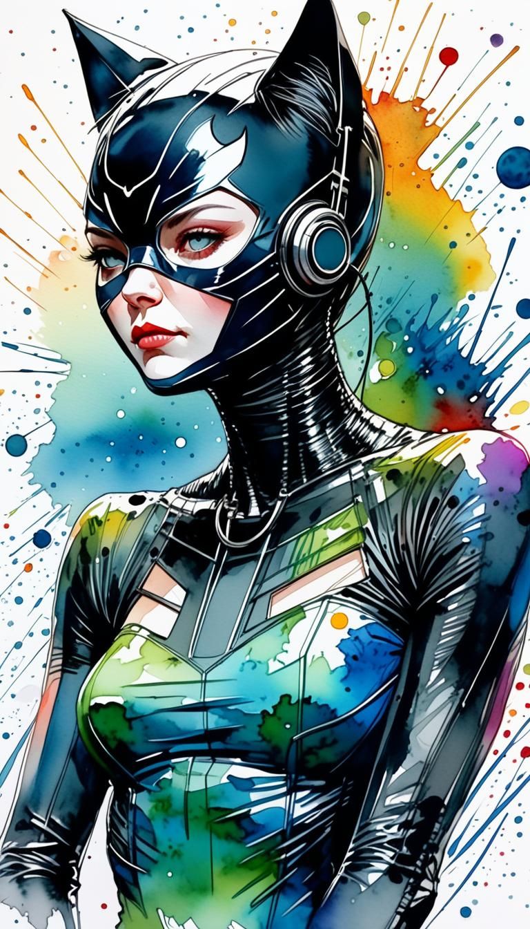 Catwoman in Watercolor Comic Art Style