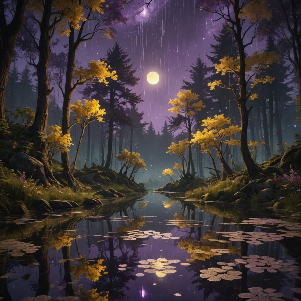 Night Universe Stars Reflect in Forest Pond
