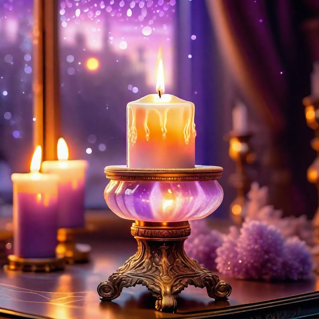 Magical Candle with Crystalline Stand in Detailed Fantasy Ro...