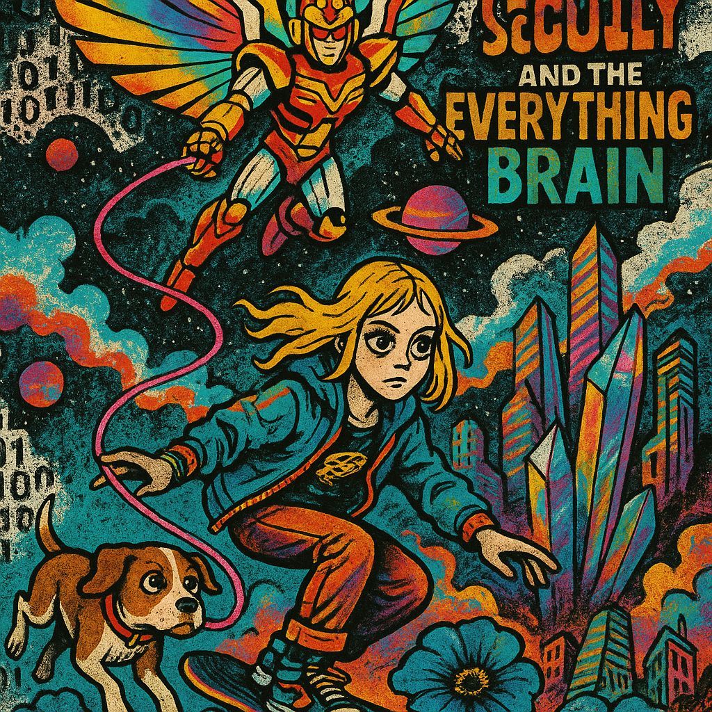 Vibrant Retro Futuristic Angel and Woman Skate Through Cosmi...