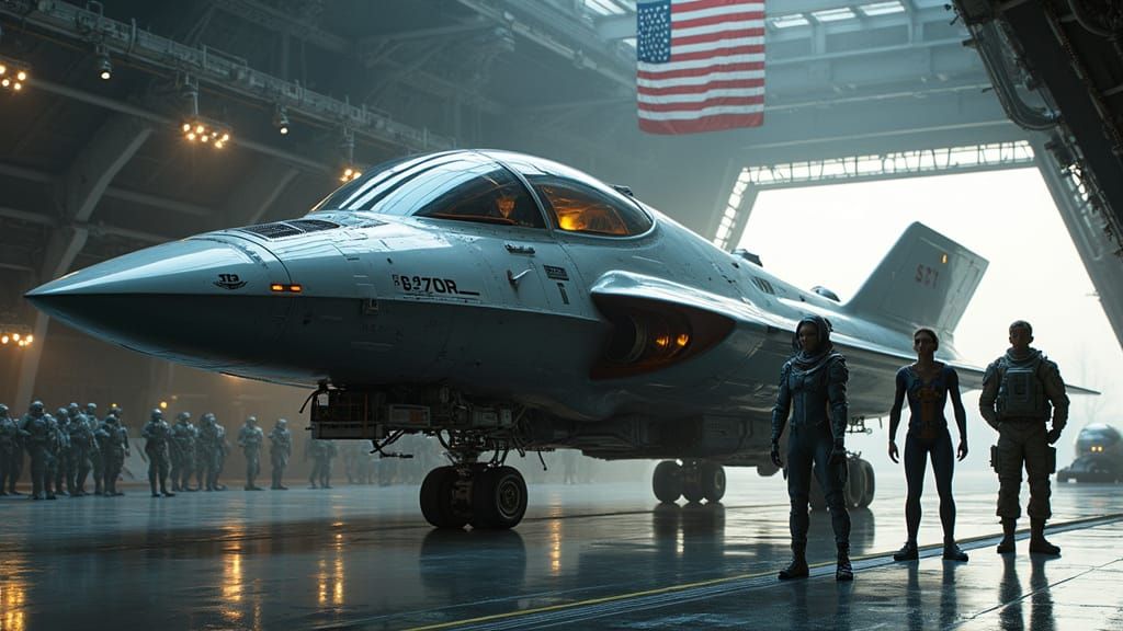 Futuristic Spacecraft in Hangar with Crew, in Sci-Fi Style