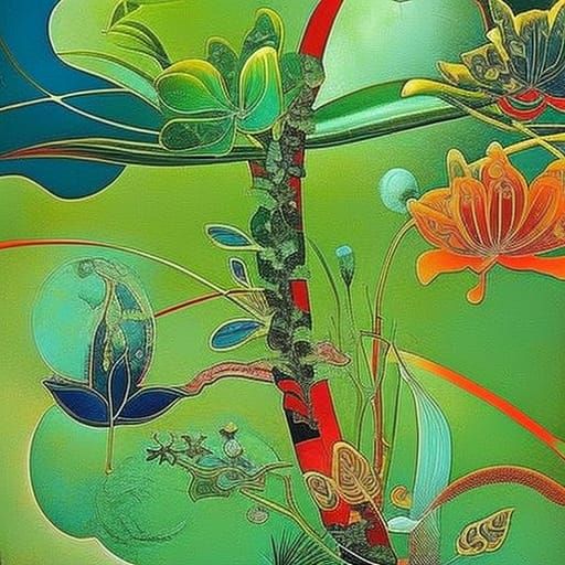 Abstract Botany in Art Deco Style with Crystals