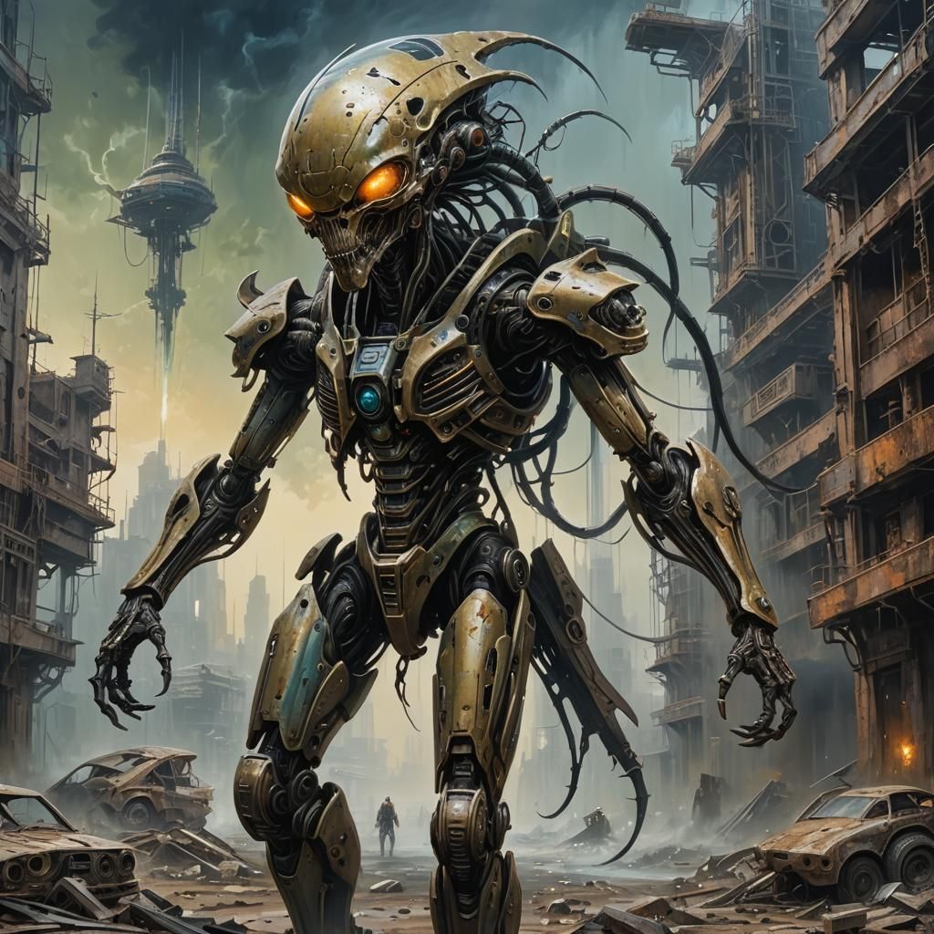 Alien Cyborg in Dystopian Sci-Fi Landscape