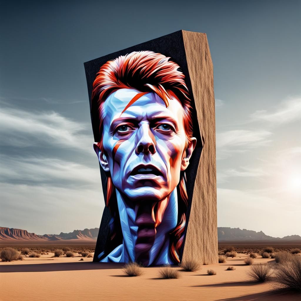 Hyperrealistic David Bowie Monolith in Desert Landscape