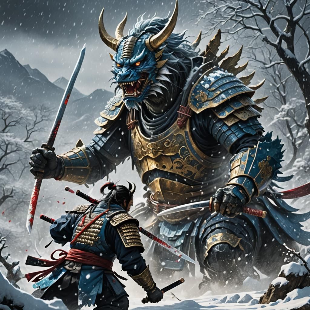 Samurai Battles Snow Monster in Hyperrealistic Concept Art