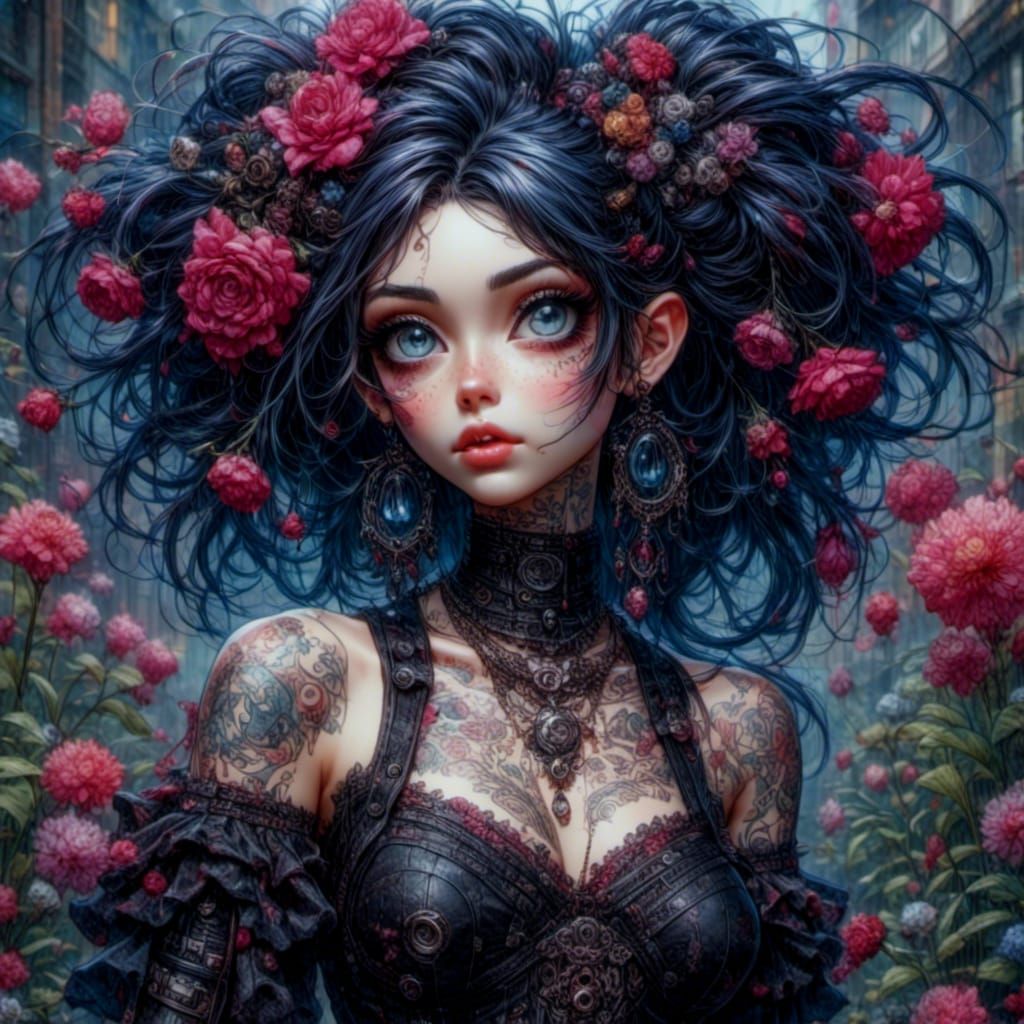 Edgy Punk Woman with Filigree Tattoos in Cityscape