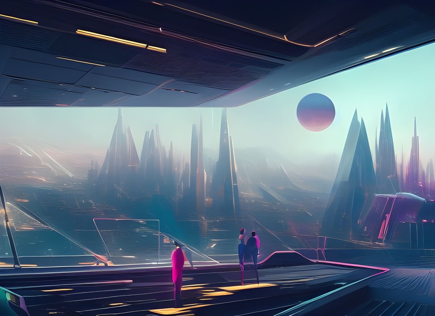 Aetherpunk Sci-Fi Observation Deck in Futuristic City