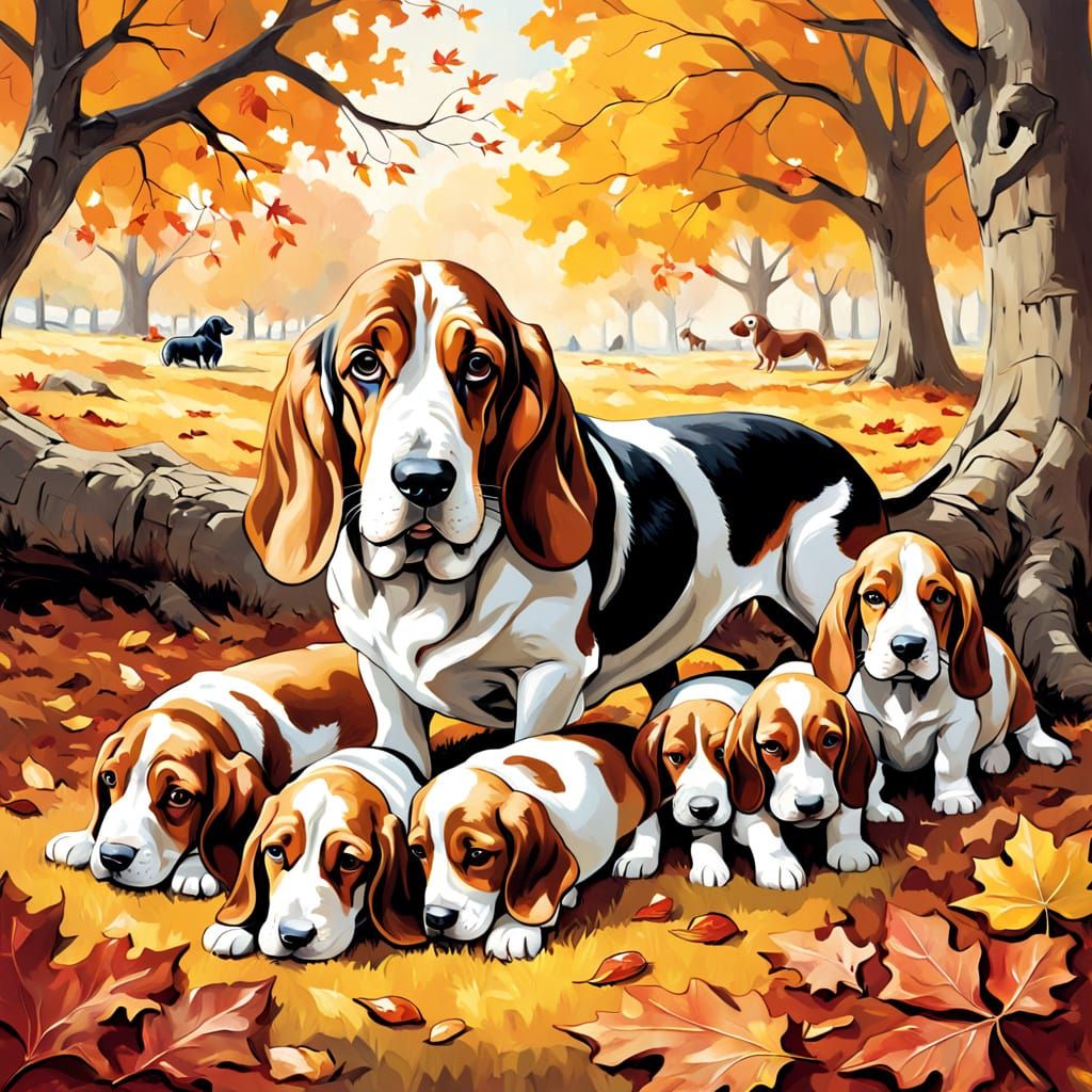 Basset Hound Mother and Puppies in Autumn Oil Painting