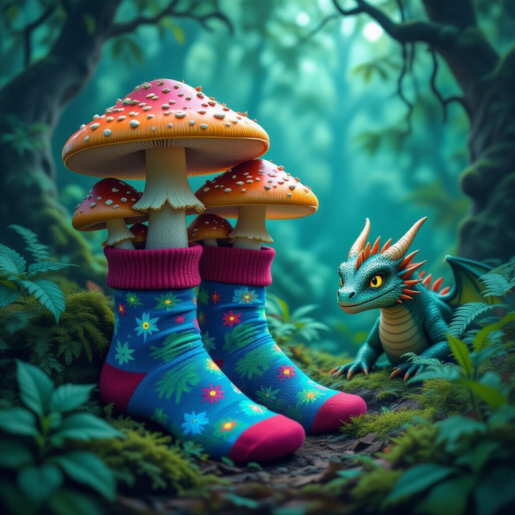 Bioluminescent mushrooms in socks in a fantasy forest style
...