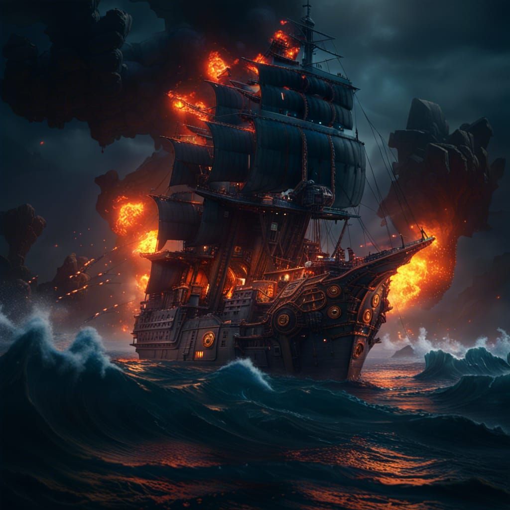 Dreadnought Burning at Sea: Detailed Matte Painting