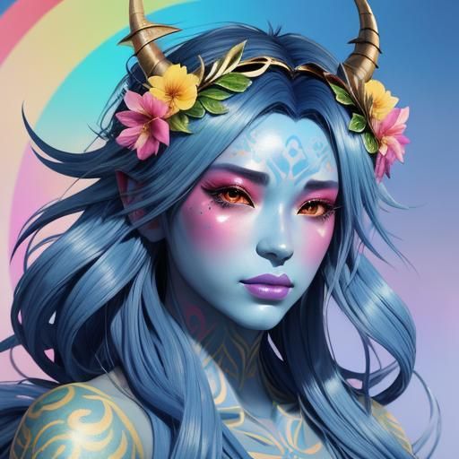 Dragon Woman with Rainbow Skin in 3D Anime Style