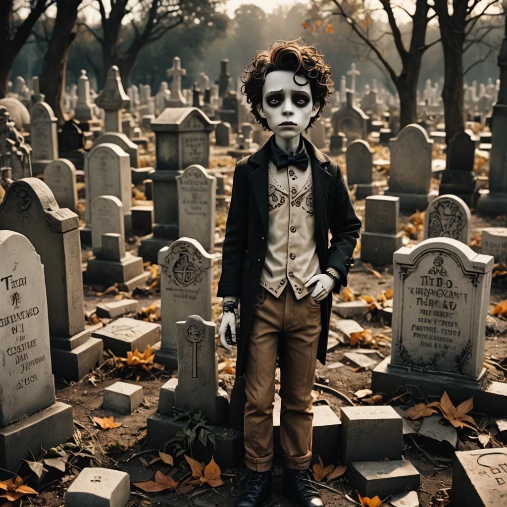 Gothic Cemetery Scene with Vintage Cartoon Boy
