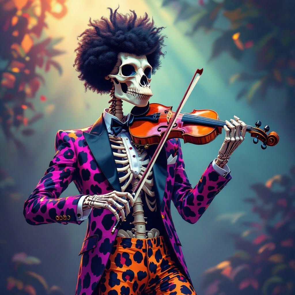 Skeletal Giraffe with Afro Plays Electric Violin in Tuxedo