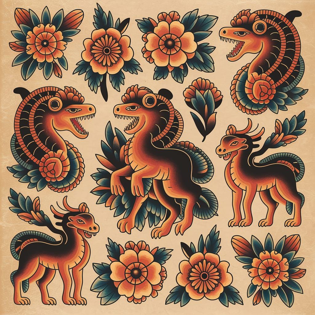 Neo-Traditional Tattoo Flash Sheet with Mythical Creatures