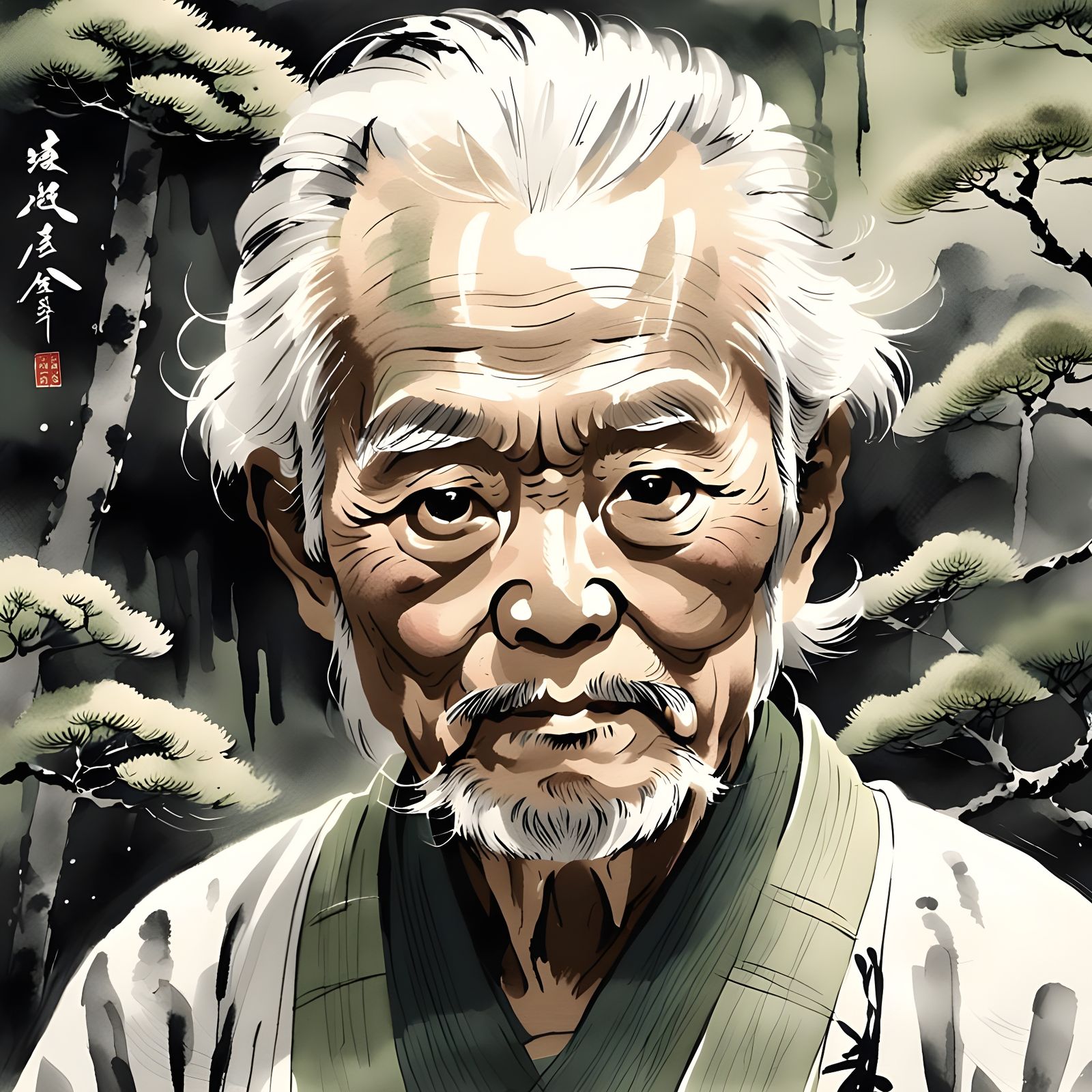 Japanese Old Man in Sumi-e Style Artwork