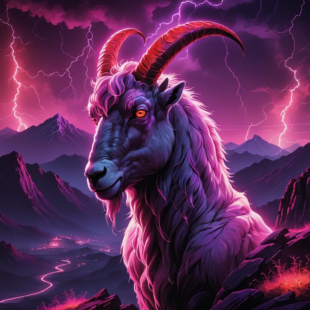 Synthwave Mountain Goat Horror in Neon
