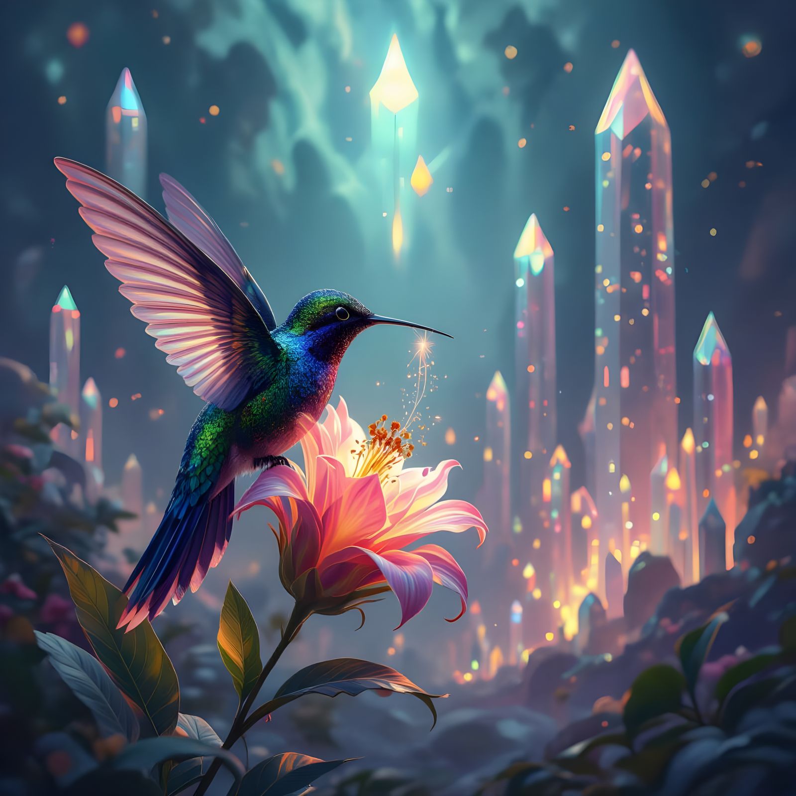 Bioluminescent Hummingbird Sipping Nectar in Alien Jungle