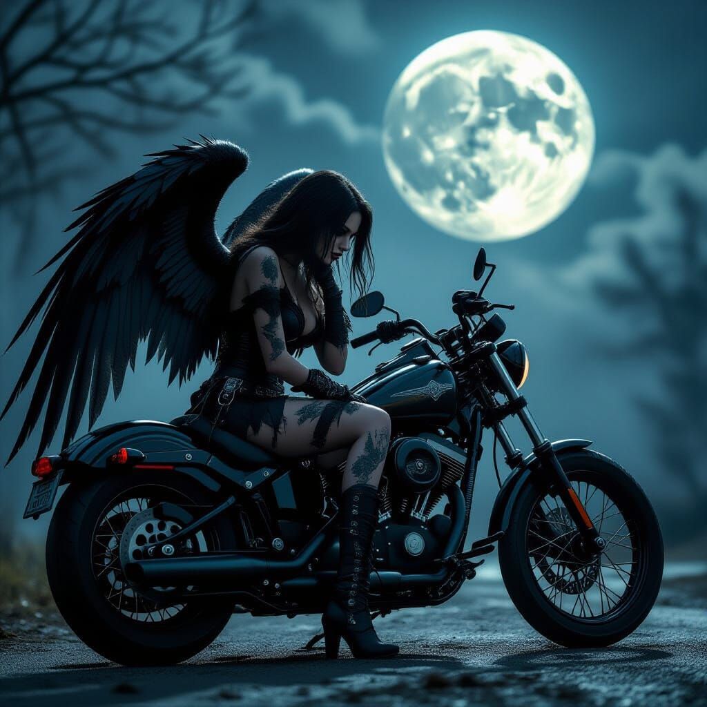 Fallen Angel on Motorcycle Under Full Moon