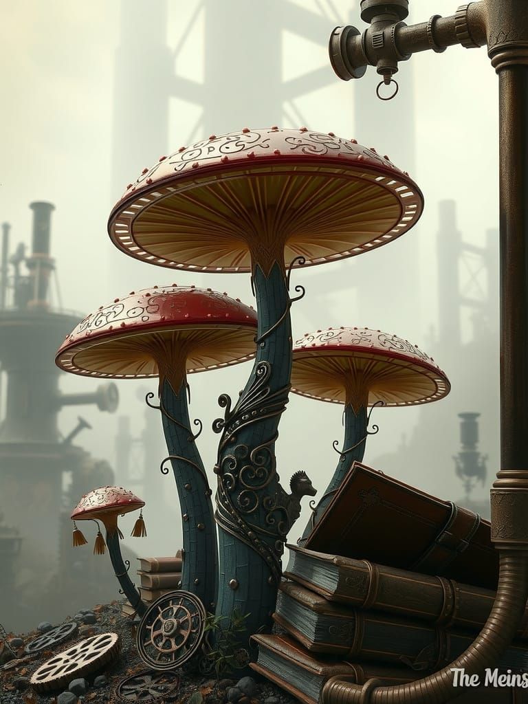 Steampunk Iron Mushrooms in a Victorian-Era Landscape