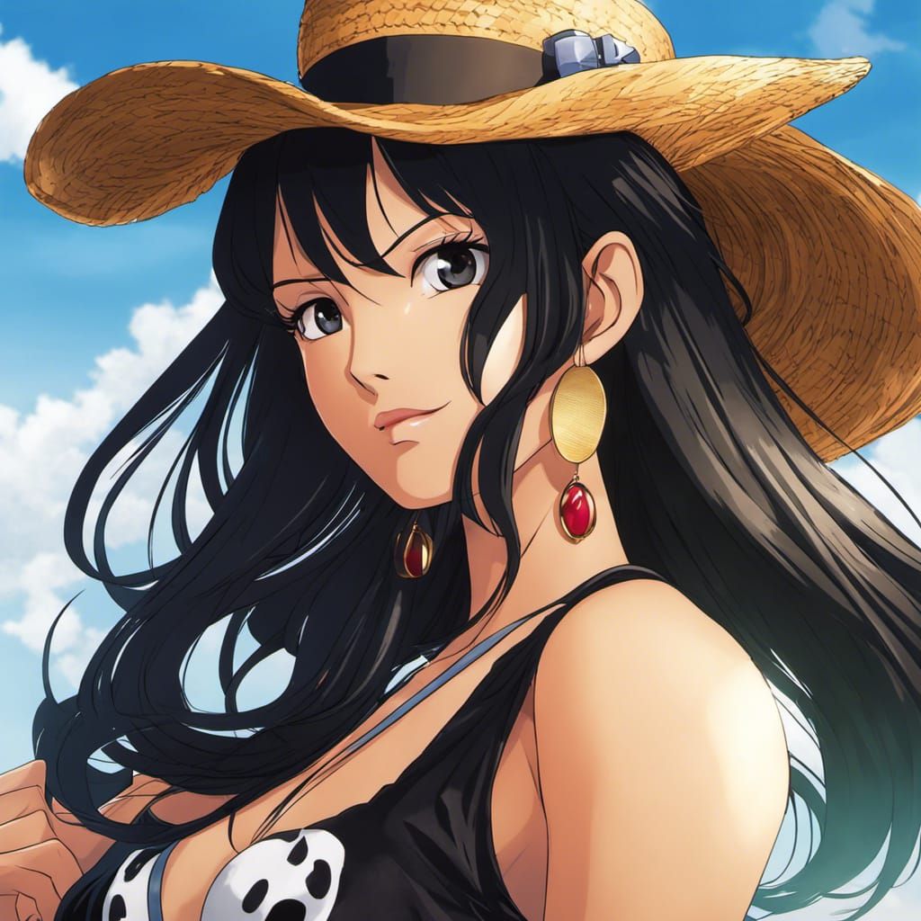 Nico_robin_from_one_piece, nico robin wearing_straw_hat, one piece, art by Eiichiro Oda, anime style