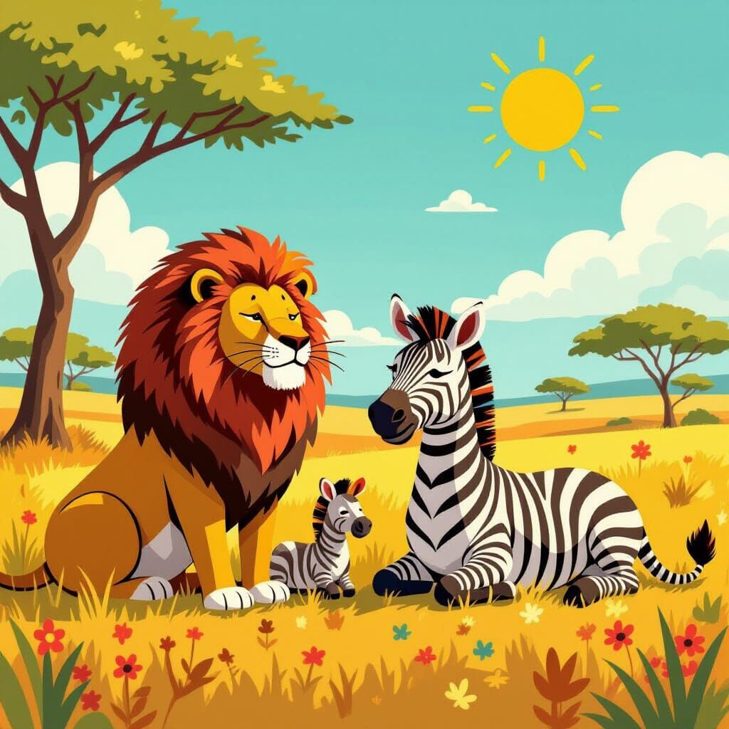 Lion and Zebra Friends in Sunny Savannah